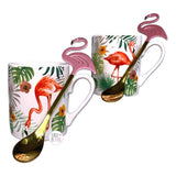 Harvest Green Studio Pink Flamingo Dual Fine China Espresso Cups & Coffee Spoons Set