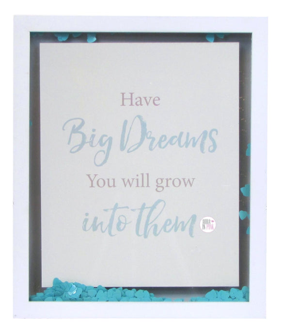 Have Big Dreams You Will Grow Into Them Floating Aqua Heart Confetti Framed Art In Glass - Aura In Pink Inc.