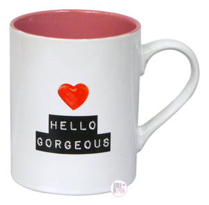 Hazel & Co. Hello Gorgeous Label White & Pink Ceramic Coffee Mug - Aura In Pink Inc.