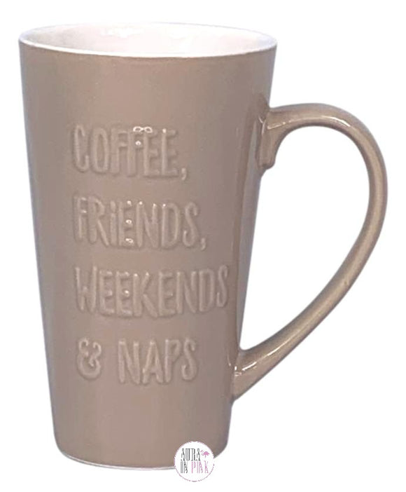 Hazel & Co Coffee, Friends, Weekends & Naps Light Brown Tall Ceramic Coffee Mug - Aura In Pink Inc.