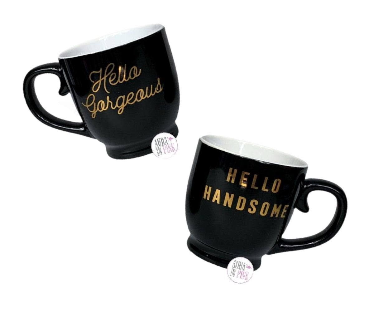 Hello Handsome & Hello Black & Gold Ceramic Coffee Mug Set of