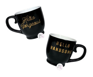Hello Handsome & Hello Gorgeous Black & Gold Ceramic Coffee Mug Set of 2 - Aura In Pink Inc.