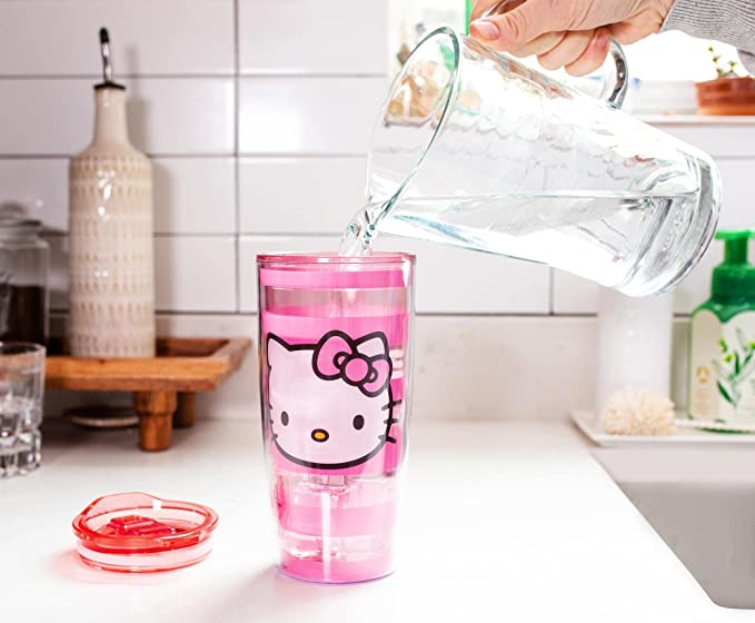 Hello Kitty By Sanrio White Polka Dot Pink Double Wall Tumbler w/Lid & Bow  Topper Straw