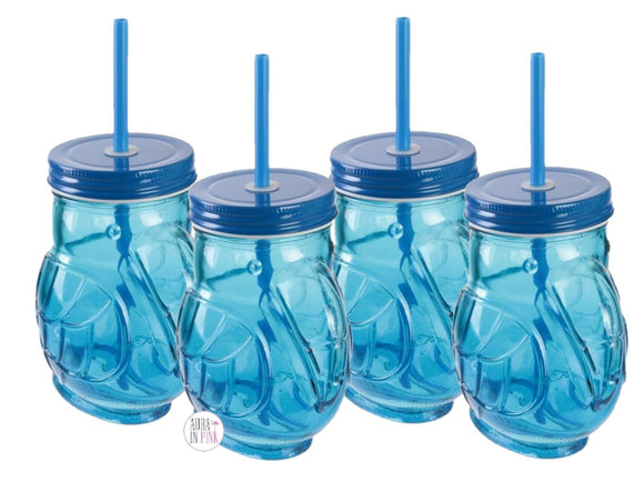Hello Summer Blue Toucan Glass Sippers w/Lids & Reusable Straws Set of 4 - Aura In Pink Inc.