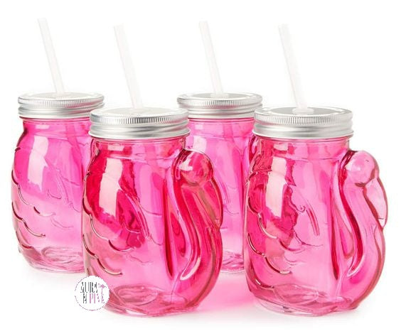 Hello Summer Pink Flamingo Glass Sippers w/Lids & Reusable Straws Set of 4 - Aura In Pink Inc.