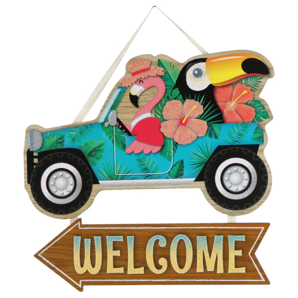 Welcome Pink Flamingo Toucan Jeep Tropical Hanging Glitter Accent Wall Art - Aura In Pink Inc.