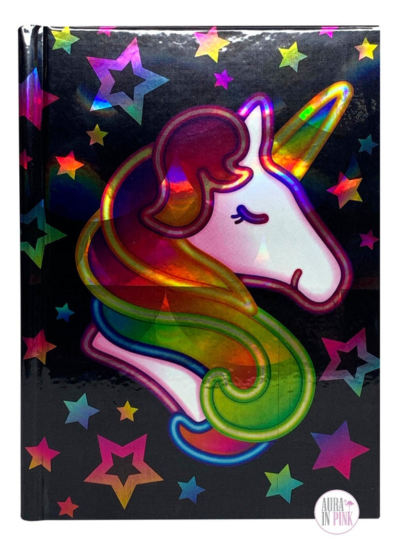 Holographic Rainbow Unicorn & Stars Ruled Mini Journal