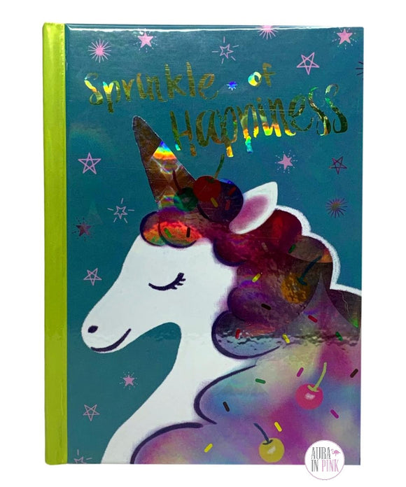 Liniertes Mini-Tagebuch mit holografischem Streusel des Glücks und süßen Leckereien mit Einhorn und Sternen