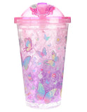 Hot Focus Butterflies Frosty Ice Cup Double Wall Gel Tumbler w/Flip Up Straw Dome Lid & Iridescent Purple Hair Scrunchie