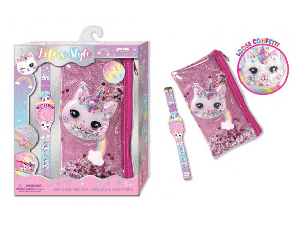 Hot Focus Caticorn Life X Style Hidden Display Digital LED Watch & Pink Glitter Iridescent Confetti Bubble Zip Pencil Pouch - Aura In Pink Inc.