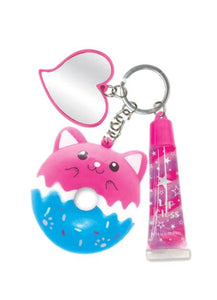 Hot Focus Cutie Squishy Scented Cat Donut Swirl Scented Lip Gloss Pink Heart Mirror Keychain - Aura In Pink Inc.