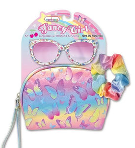 Hot Focus Fancy Girl Pastel Rainbow Butterflies Sunglasses w/Glitter Wristlet & Hair Scrunchie Set - Aura In Pink Inc.