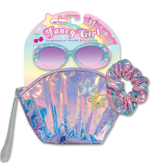 Hot Focus Fancy Girl Pink & Blue Glitter Gem Sunglasses w/Iridescent Seashell Stars Wristlet & Hair Scrunchie Set - Aura In Pink Inc.