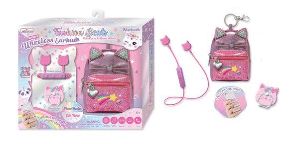 Hot Focus Fashion Beats Cat Wireless Bluetooth Earbuds, Pink Glitter Coin Purse & Phone Holder Set - Aura In Pink Inc.