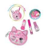 Hot Focus Glamour Ready Kitty Confetti Cosmetic Keychain Bag w/Lip Balm, Lip Gloss, & Nail Polish Set - Aura In Pink Inc.
