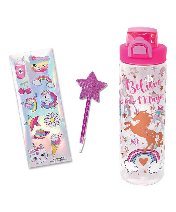 Hot Focus Unicorn Believe In Magic Pop-Open Water Bottle - Writing Fun - Aura In Pink Inc.