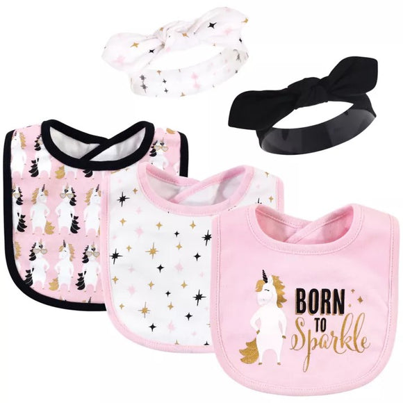 Hudson Baby Born To Sparkle Unicorn Pink & Black 5-Pc Bibs & Bow Headbands Set - Aura In Pink Inc.