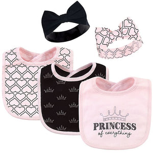 Hudson Baby Princess Of Everything Pink & Black 5-Pc Bibs & Bow Headbands Set - Aura In Pink Inc.
