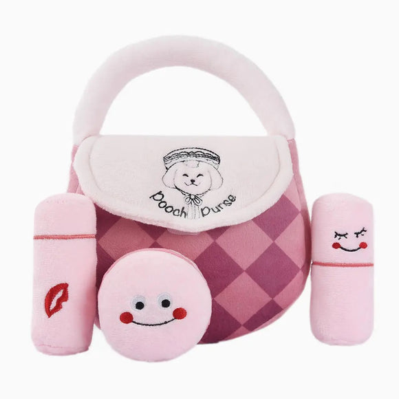Hugsmart Puzzle Hunter My Little Purse Pink Handbag Pooch Purse w/3 Cosmetics Inside Squeaky Plush Dog Toy 4-Pc Set - Aura In Pink Inc.