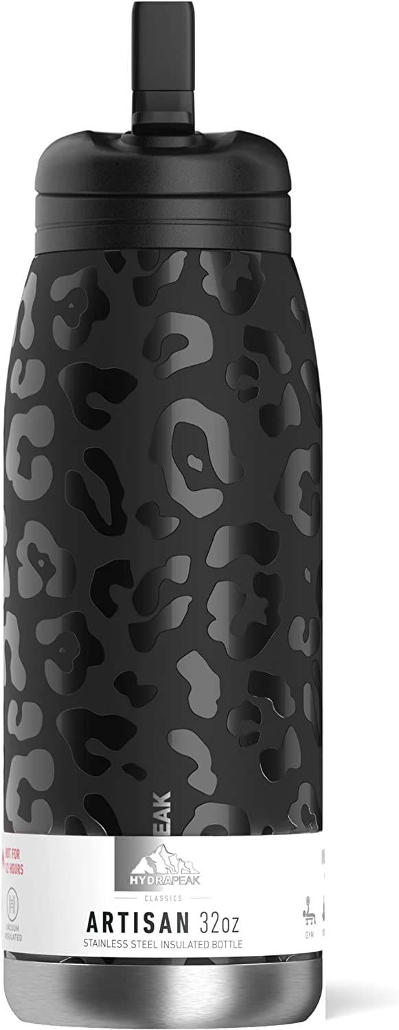 HYDRAPEAK Chug 40oz Black Leopard Stainless Hot Cold Water Bottle w/ 3 Lids