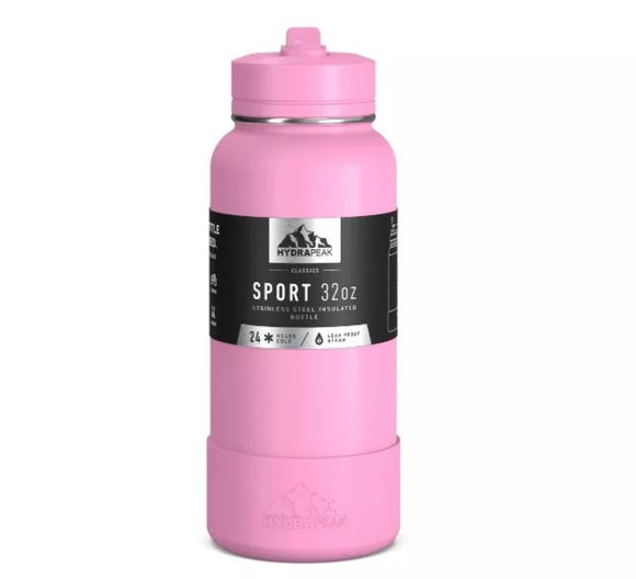 HydraPeak Classics Bubblegum Pink Wide Mouth Sport 32oz Stainless Steel Insulated Bottle w/Flip Top Carry Handle Lid