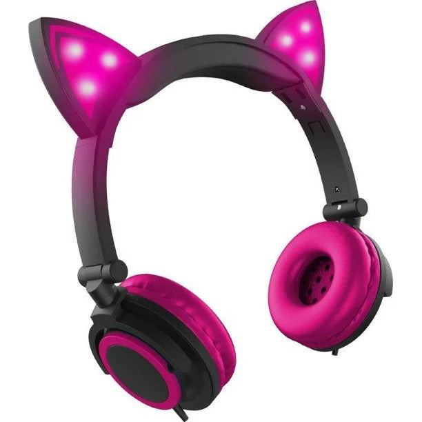 Hype Black Magenta Pink Cat Ears LED Headphones w Microphone
