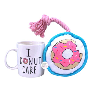 I Donut Care Ceramic Coffee Mug & Donut Squeaky Plush Rope Dog Toy Set