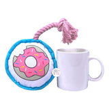 I Donut Care Ceramic Coffee Mug & Donut Squeaky Plush Rope Dog Toy Set