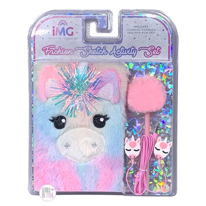 IMG Cotton Candy Pastel Faux-Fur Unicorn Fashion Sketch Fuzzy Journal Activity Set w/Earbuds & Pink Pom Pen - Aura In Pink Inc.