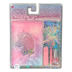 Floating Glitter Stars Unicorn Tie Dye Faux-Fur Fuzzy Journal Beauty Set w/Pink Glitter Nail Polish, Nail File & Pink Iridescent Tinsel Pom Pen - Aura In Pink Inc.