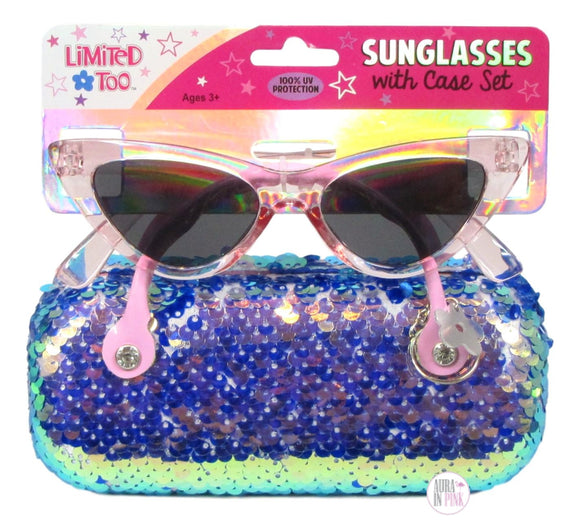 Limited Too Fashionista Kids Pink Cat-Eye Sunglasses & Blue Iridescent Sequins Case Set - Aura In Pink Inc.