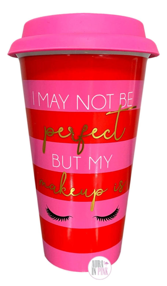 I May Not Be Perfect But My Makeup Is Eyelashes Pink & Red Striped Ceramic Travel Mug w/Lid - Aura In Pink Inc.