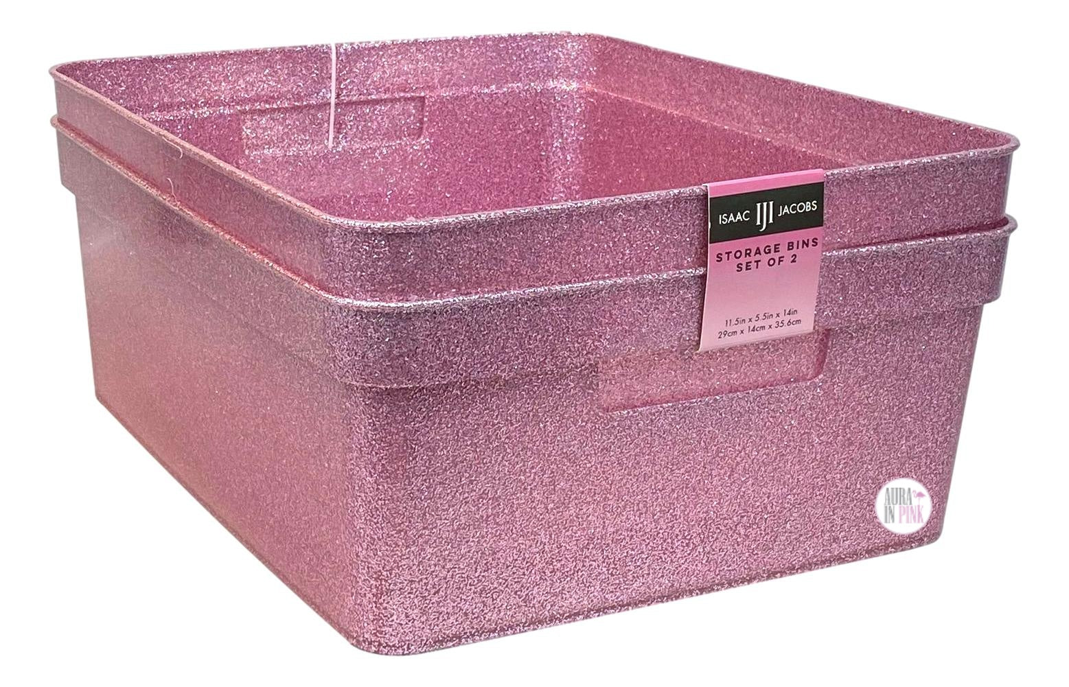 2 Cestini Organizer In Plastica Glitterata Isaac Jacobs, Medi 35,6x29,2x14 Cm, Rosa – Per Cameretta E Ufficio