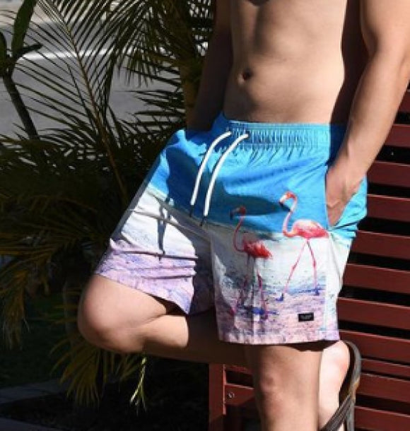 Island Haze California Photo Real Pink Flamingo Printed Men's Swim Trunk Shorts - Aura In Pink Inc.