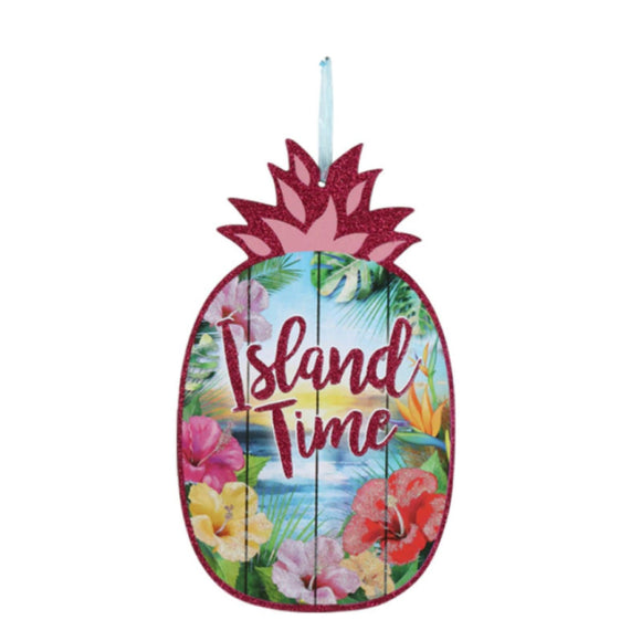 Island Time Pineapple Tropical Paradise Hibiscus Floral Hanging Glitter Accent Wall Art - Aura In Pink Inc.