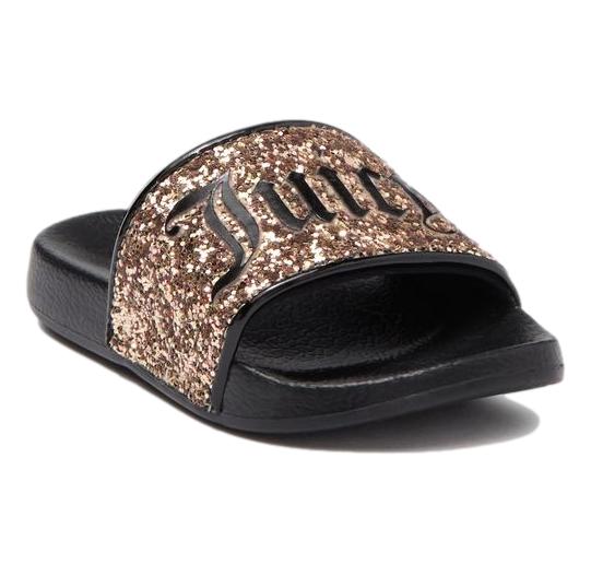 Juicy Couture Black Gold Hollywood Glitter Slides Sandals Shoes