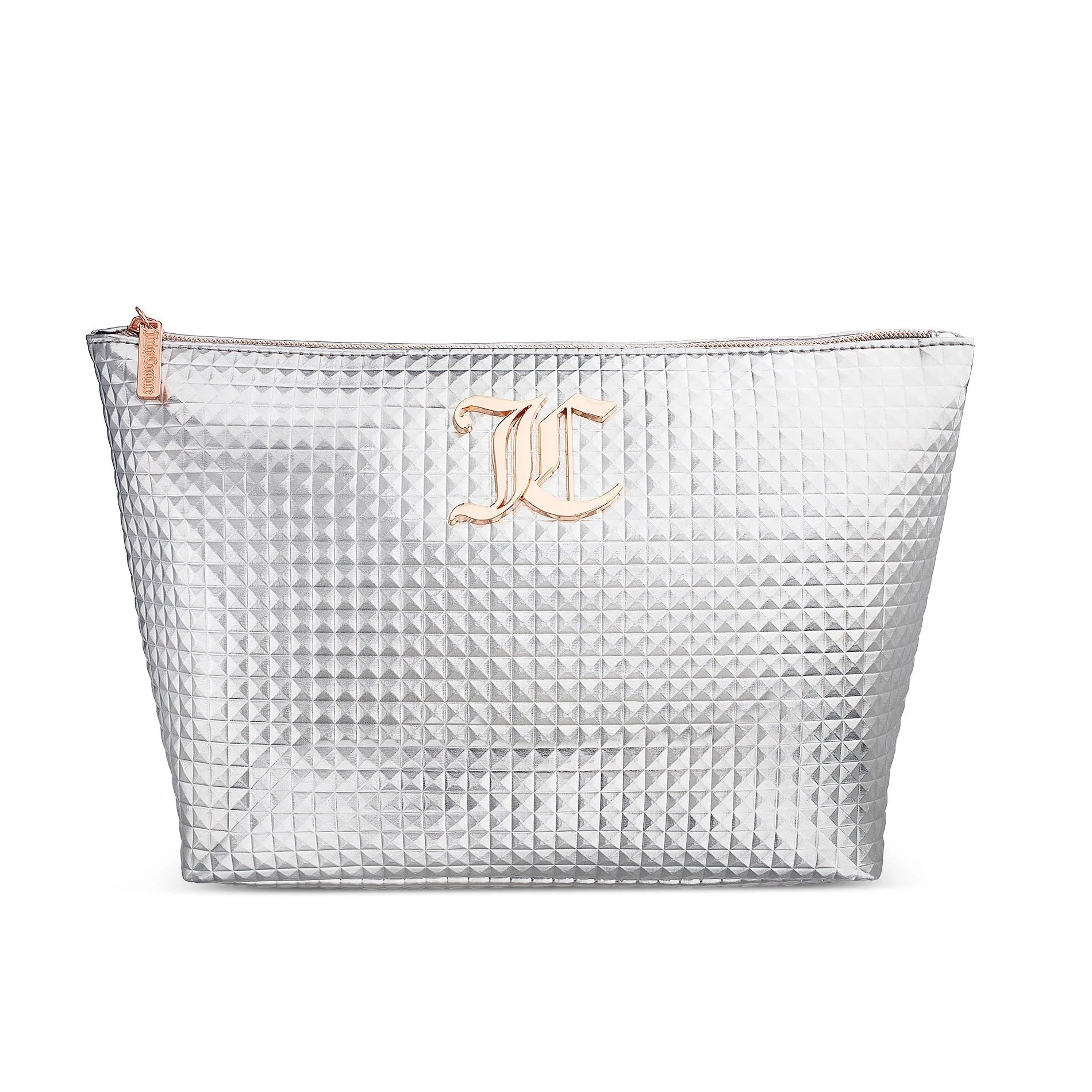 Juicy Couture Monogram Silver Prism Wedge Zip Travel Cosmetic Bag