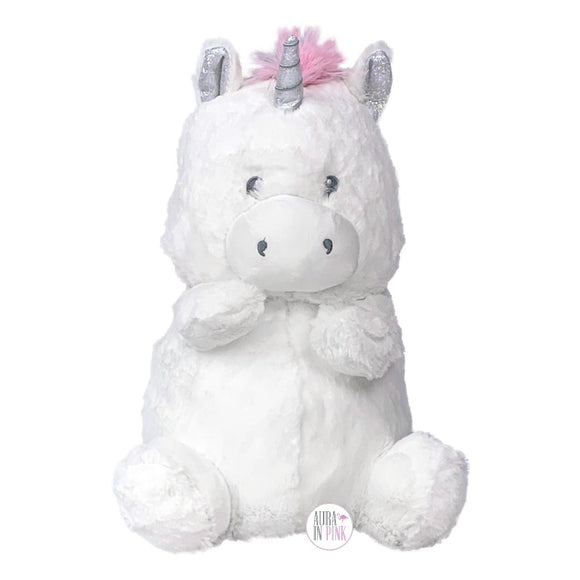 Kellybaby 13 Inch Plush Sitting Pastel Rainbow Mane White Unicorn Crinkle & Rattle Cuddle Baby Buddy - Aura In Pink Inc.