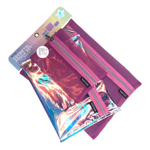 Kensie Pink Mesh & Pink Holographic Zip Cosmetics Pouch Set of 3
