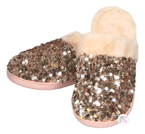 Kensie Ladies Blush Pink Rose Gold Sequin Plush Memory Foam Slippers - Aura In Pink Inc.