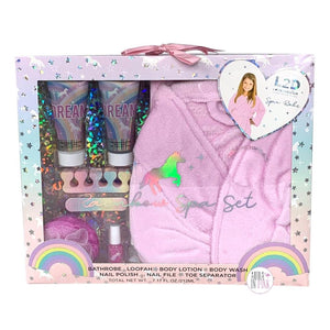 L2D Dream Unicorn Iridescent Rainbow Sleepover Pink Bath Robe Spa Set - Aura In Pink Inc.