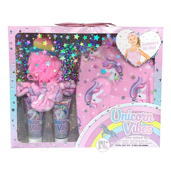 L2D Unicorn Vibes Iridescent Pink Rainbow Sleepover Headband & Spa Wrap Set - Aura In Pink Inc.