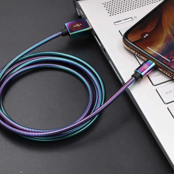 LAX Apple MFi iPhone iPad iPod AirPods Certified 4 Foot Tough Metallic Rainbow Iridescent Chrome Mesh Lightening To USB Cable - Aura In Pink Inc.