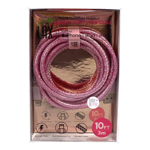 LAX Apple iPhone iPad iPod Certified 10 Foot Clear Coat Braided Pink Glitter Lightening To USB Cable