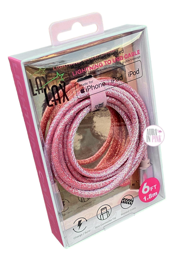 LAX Apple iPhone iPad iPod Certified 6 Foot Clear Coat Braided Pink Glitter Lightening To USB Cable - Aura In Pink Inc.