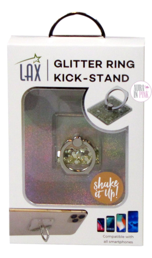 LAX Liquid Silver Glitter Bling Phone Ring & Kick-Stand - Aura In Pink Inc.