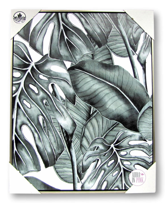 Large Framed Canvas Monstera Deliciosa Jungle Palm Leaf Art - Aura In Pink Inc.