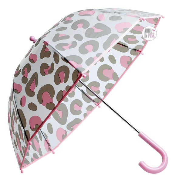 Laura Ashley Girls Frosted Grey Pink Leopard Print Umbrella