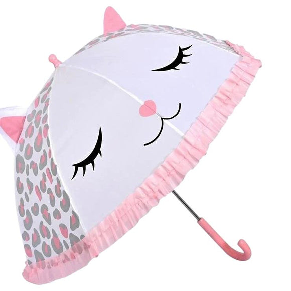 Laura Ashley Regenschirm für Mädchen mit Leopardenmuster, 3D-Ohren, schläfrige Katze, Weiß, Rosa und Grau
