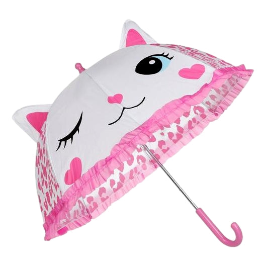 Laura Ashley Mädchen Regenschirm mit zwinkernder Katze und Leopardenmuster in Weiß und Rosa, 3D-Ohren